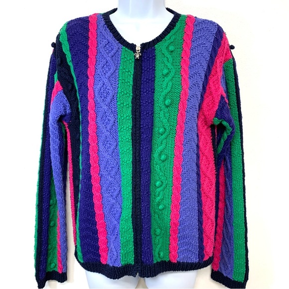 Vtg Eagle Eye Cable Knit Sweater Woman Small Full Zip Rainbow Cotton Rami Warm - Picture 1 of 12